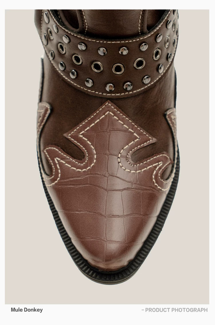 Donkey Rivet Embroidered Pointed Coarse Heel Boots