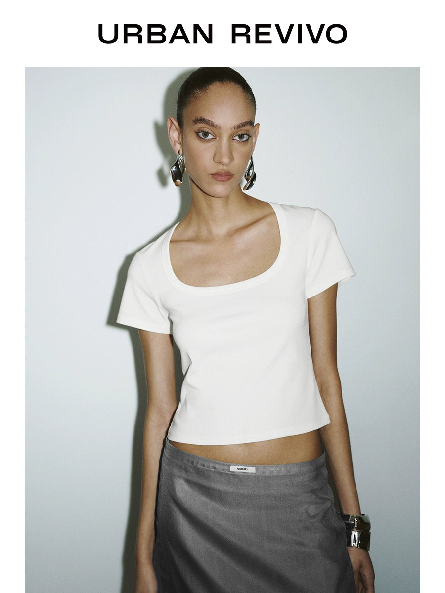 URBAN REVIVO Casual Slim Short U-Neck Short Sleeve T-Shirt