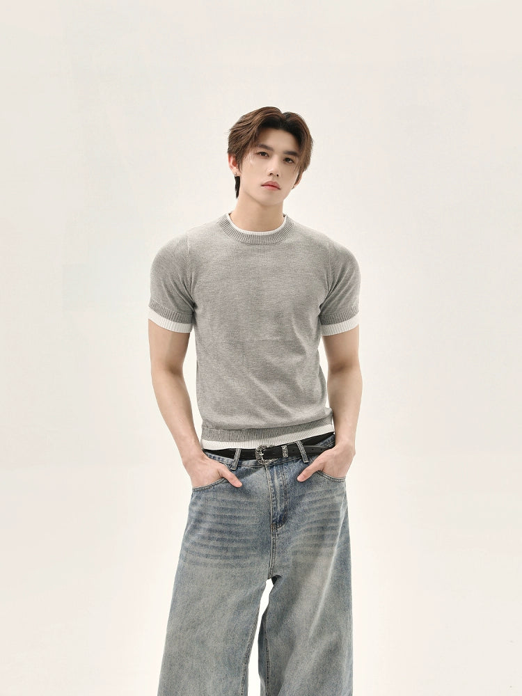 TURNTIDE Fake Two Piece Knitted Slim Tee