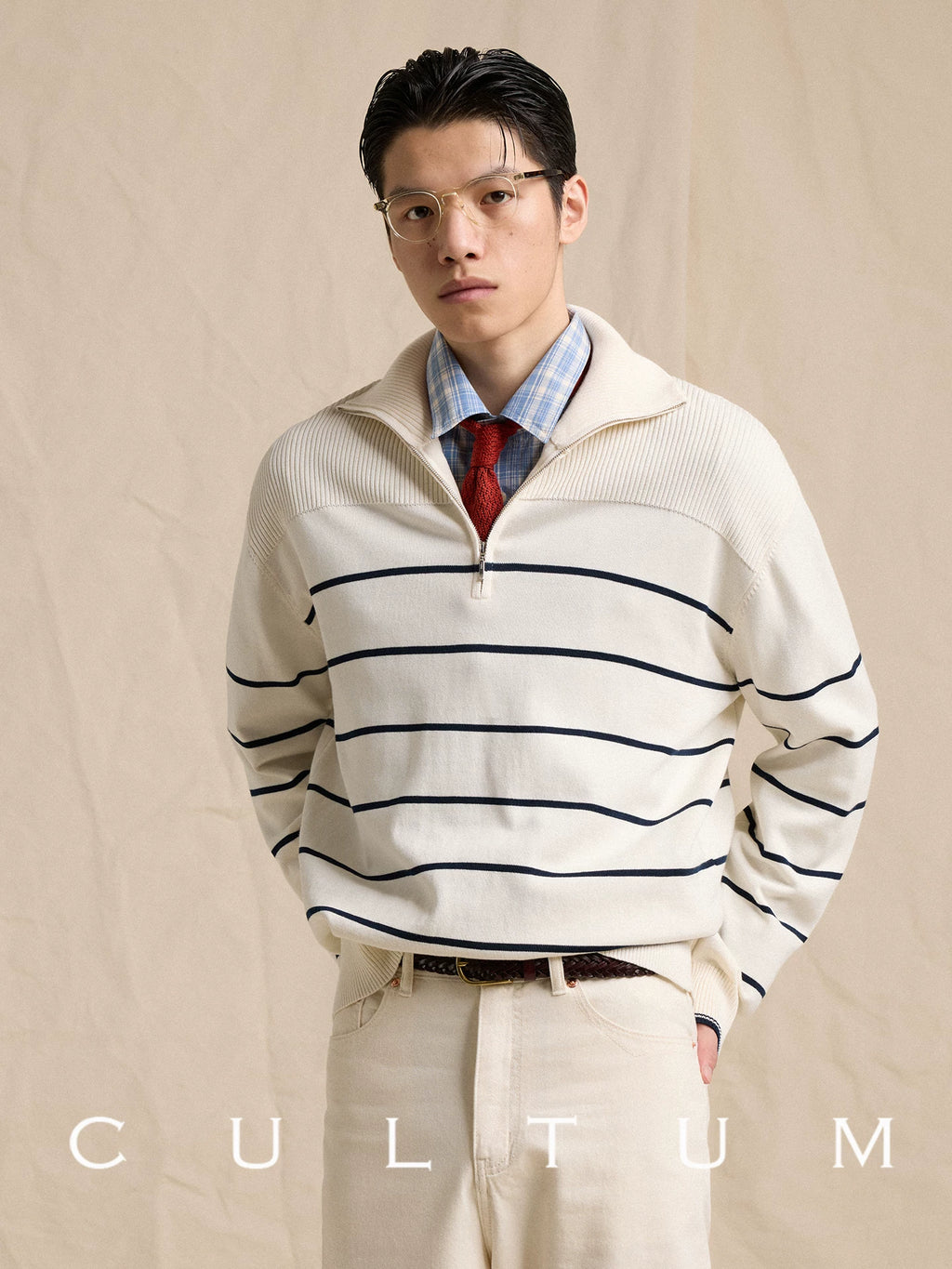 CULTUM Half-zip Lapel Striped Knitted Sweater