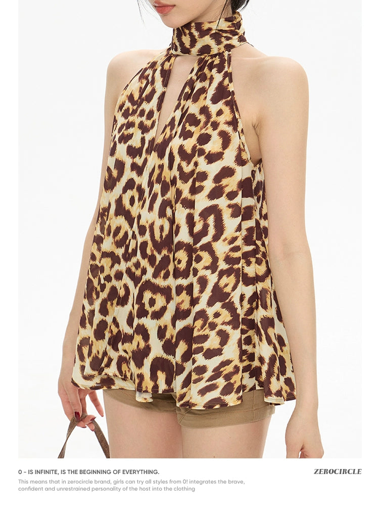 Zero Leopard Print Neck Spice Girl Chiffon Sleeveless Top