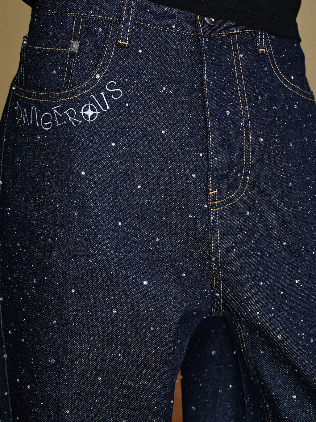 YADcrew 14oz Deep Blue Starry Glitter Wide-Leg Jeans
