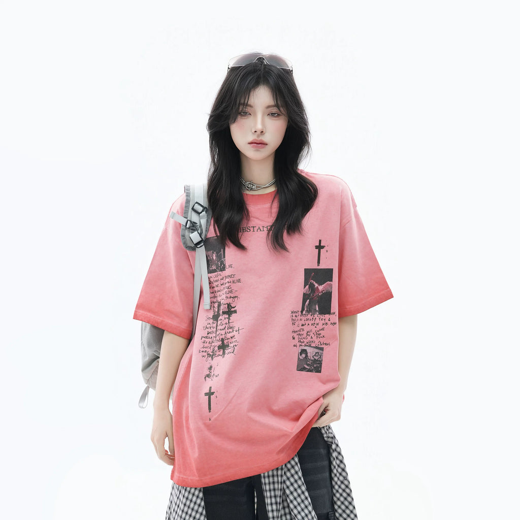 Zuocisankon Cross Printed Loose Tee