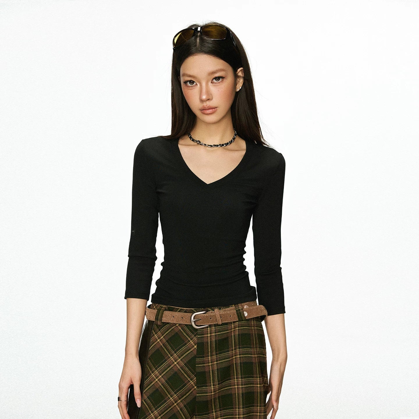 Cherry Melody Retro Slim V-neck Slim Versatile Seven-quarter Sleeve