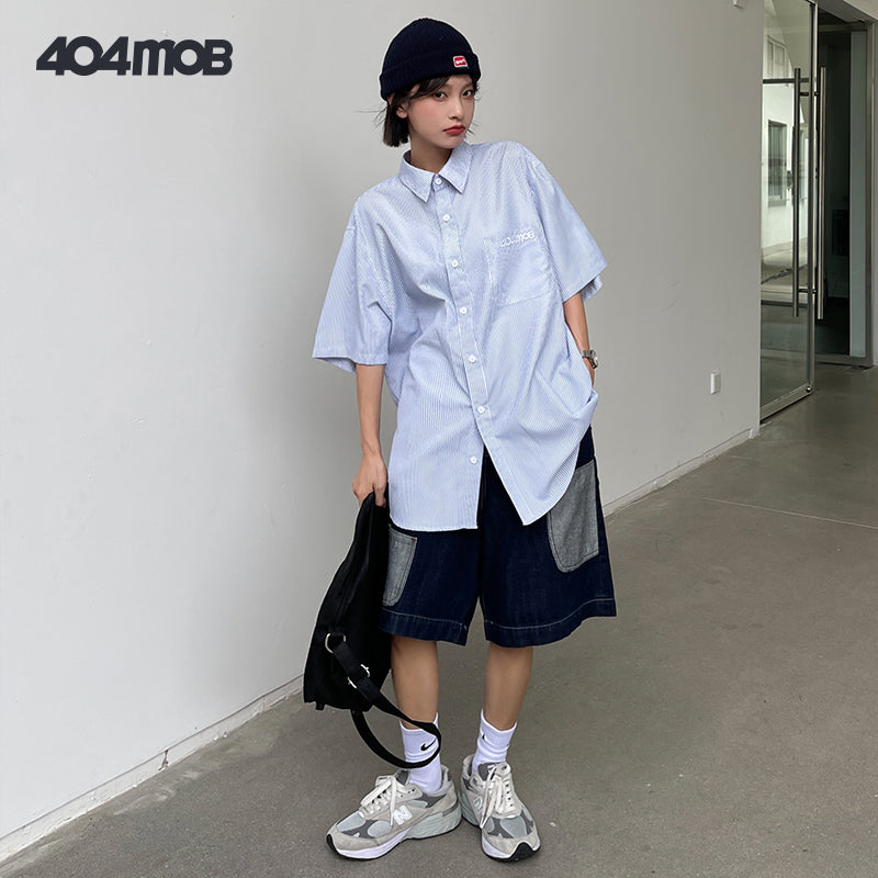 404MOB  blue and white striped short-sleeved shirt