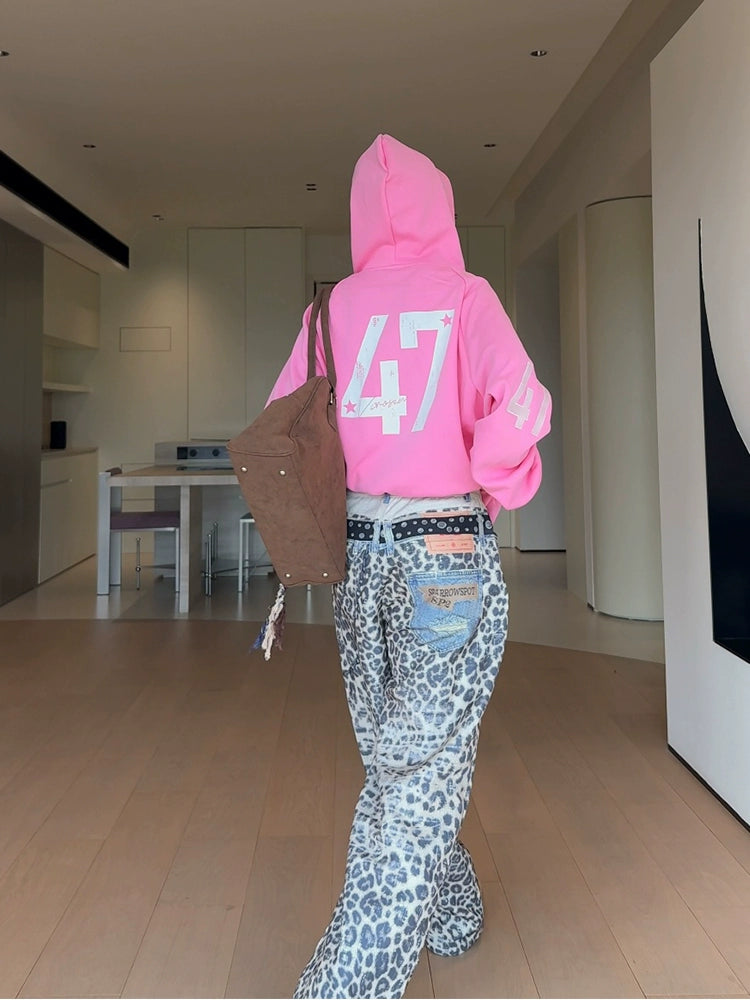 EAHO Double Waist Belt Chain Pendant Printed Leopard Print Pants