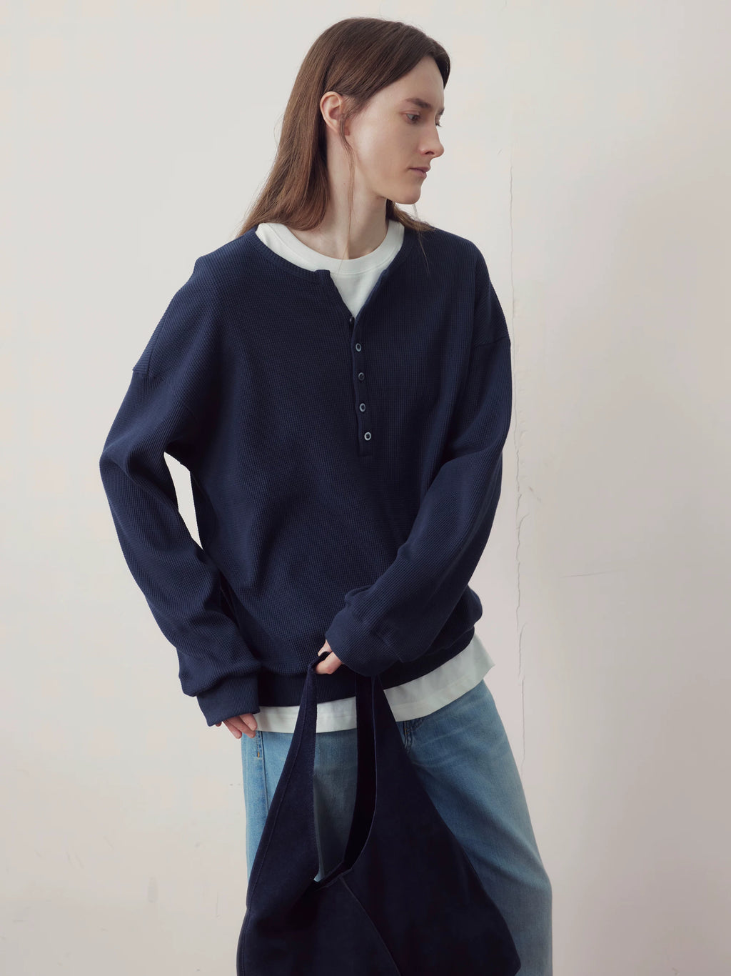 COLN Waffle-breasted Henry-neck Sweater