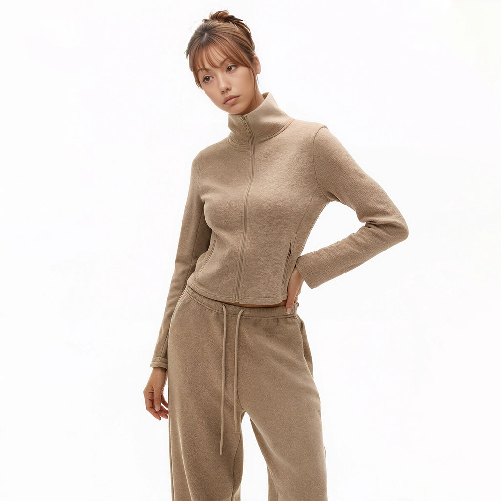 SHE SEEK Vintage Turtleneck Zip Sweater Jacket Casual Banana Cone Sweatpants Set