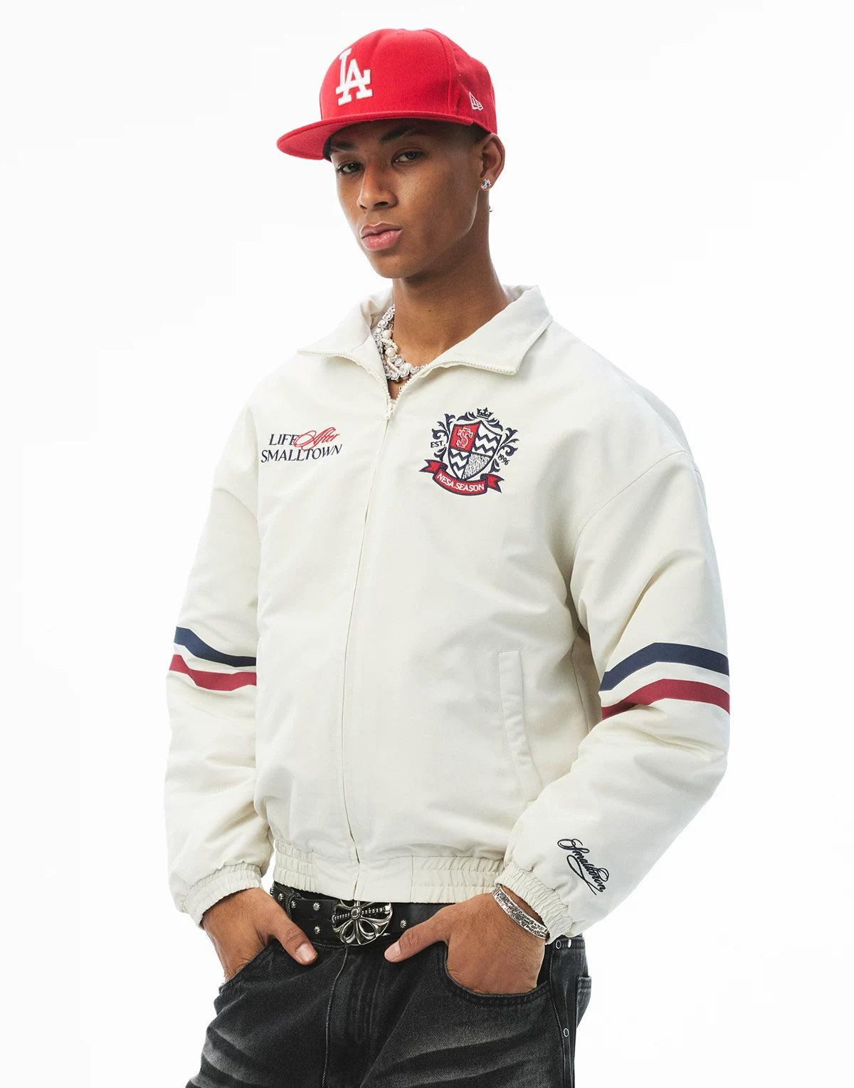STK Badge Stitching Vintage Embroidered Contrasting Striped Jacket