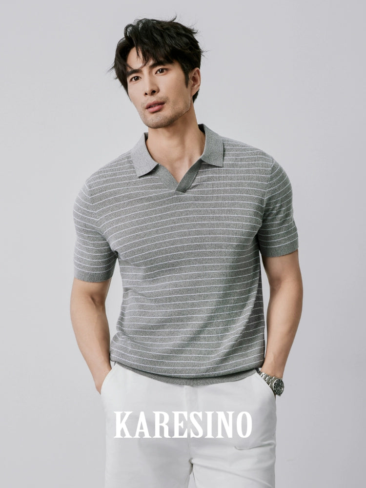 KARESINO Ice Silk Casual Striped Knitted Polo Shirt