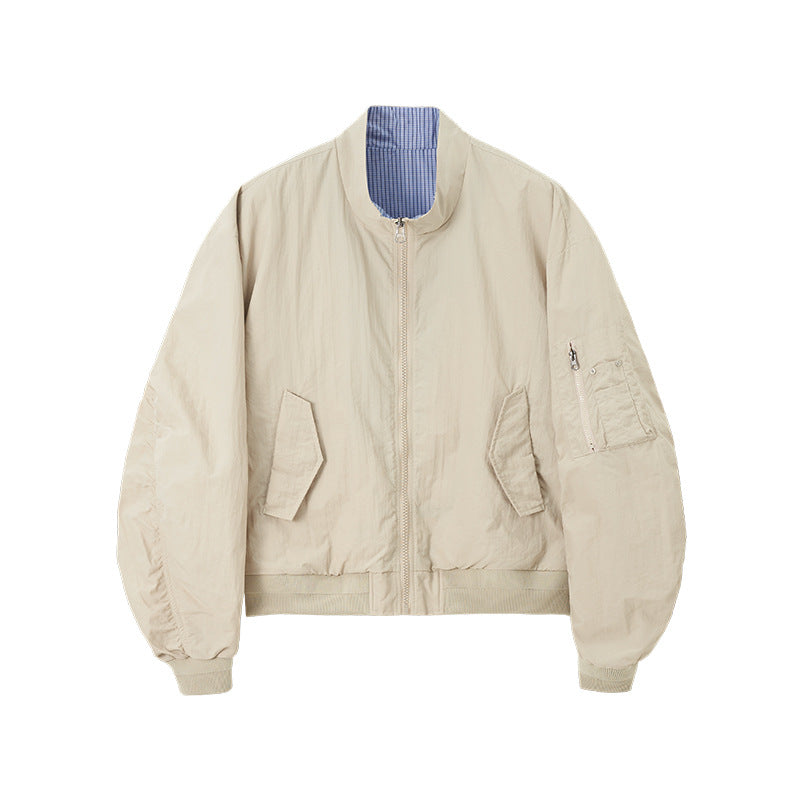 Inflation Short Stand-Up Collar Checked Contrast Baseball Jacket