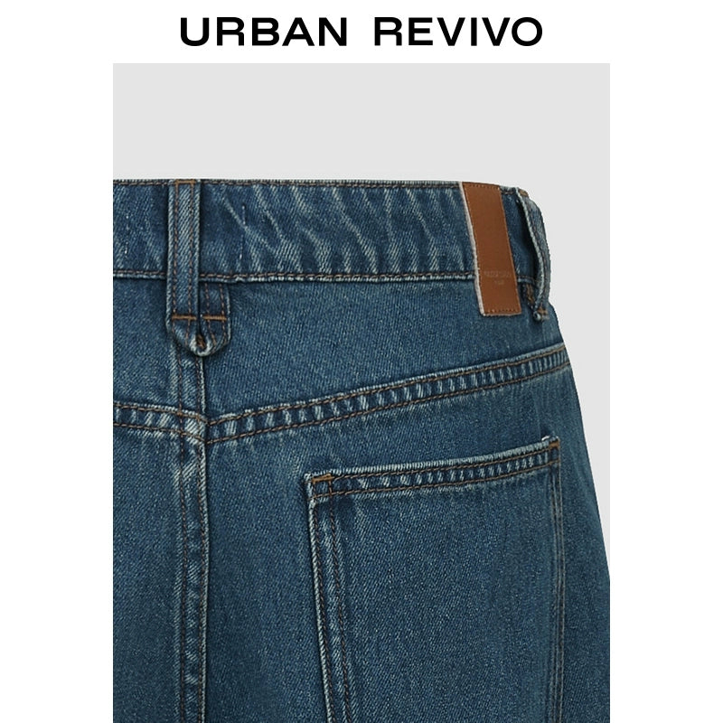 URBAN REVIVO Casual Retro Washed Pleated Denim Shorts