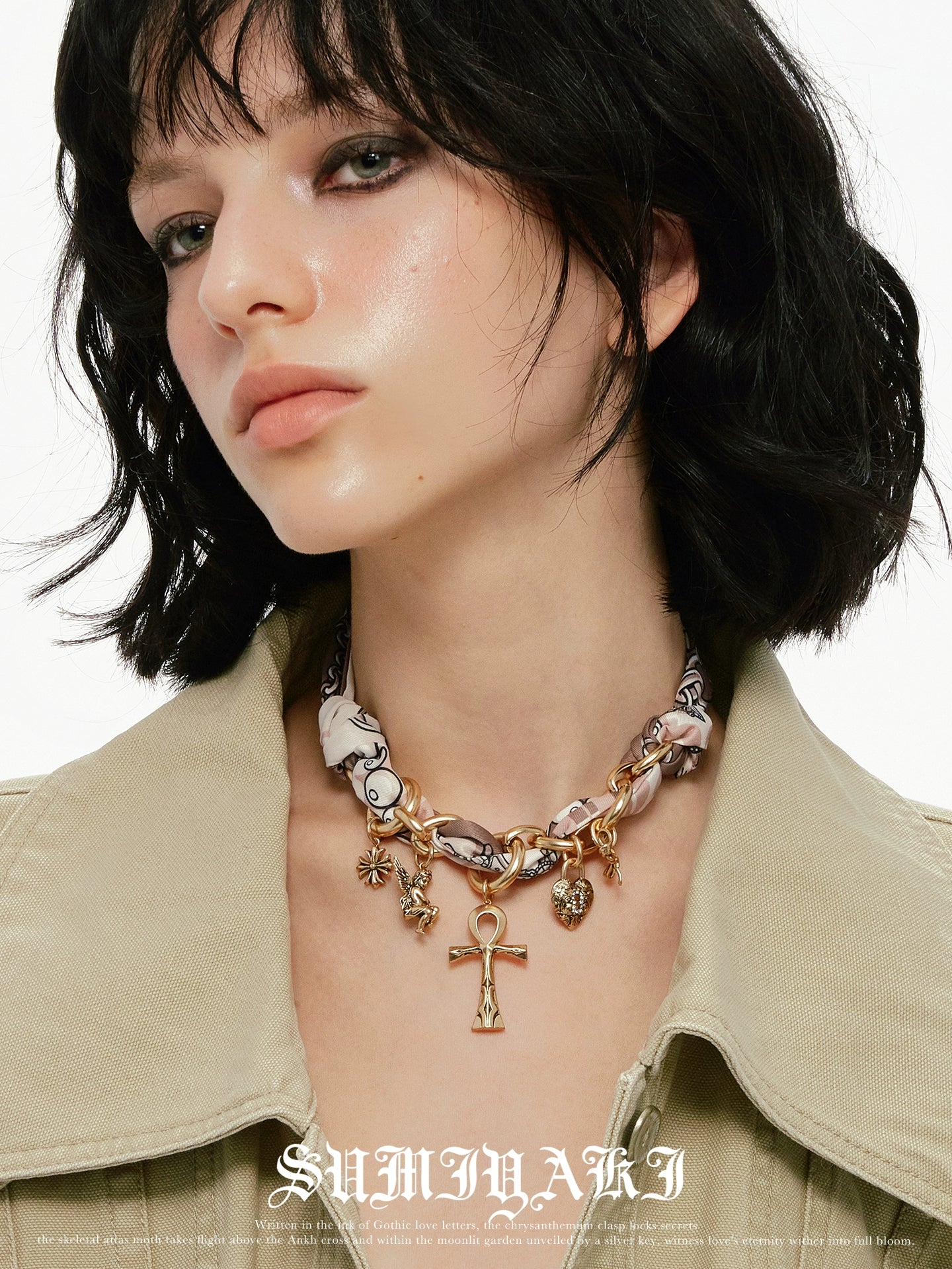 SUMIYAKI Vintage Cross Silk Scarf Necklace