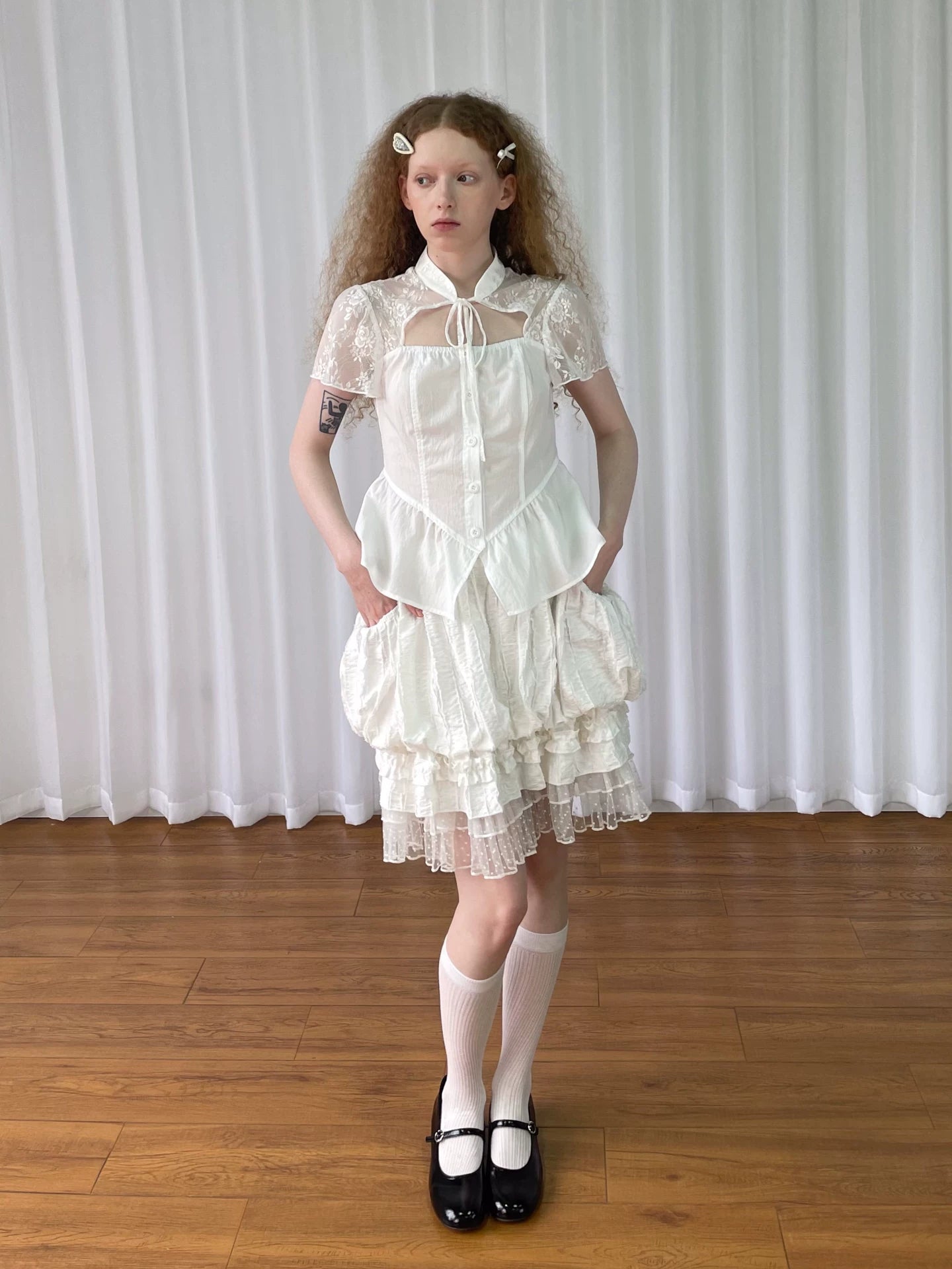 Loosesmell Polka Dot Mesh Stitching Slim Skirt