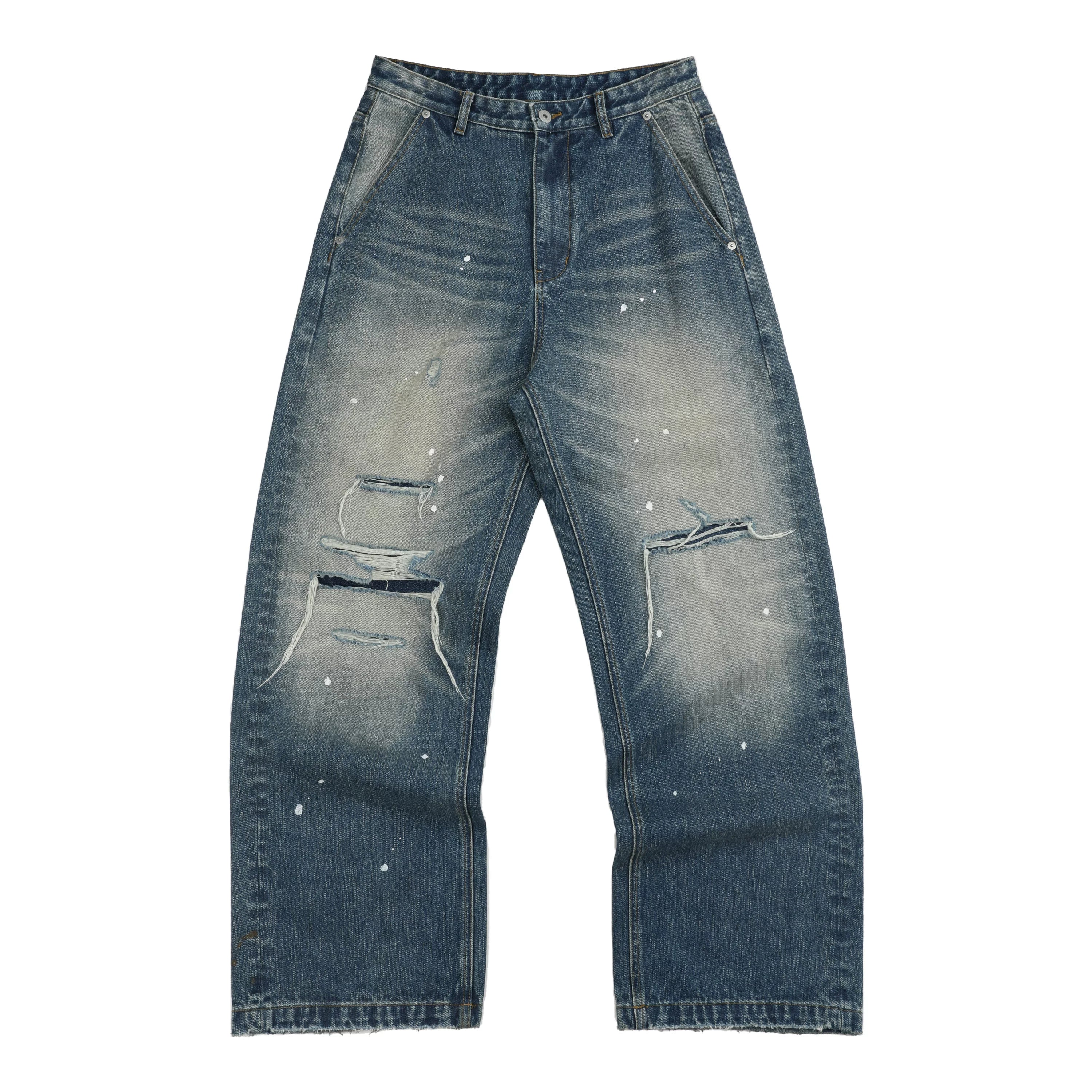 NumbAsia Retro Leopard Print Star Flag Print Ripped Jeans
