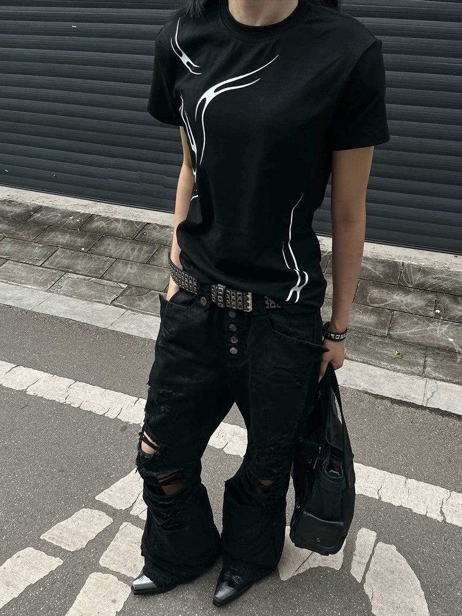 DND4DES Slim Fit Elastic Short Sleeve Crew Neck Striped Tee