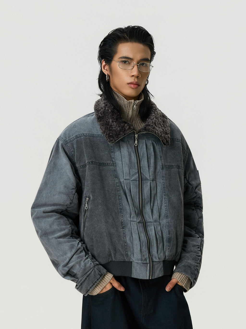 BTSG Lamb Wool Make Old Stand-up Collar Tooling Jacket