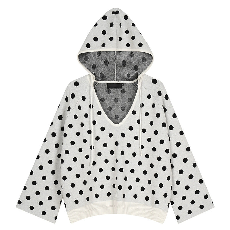 Mershier Vintage Polka Dot V-Neck Hooded Knitted Sweater