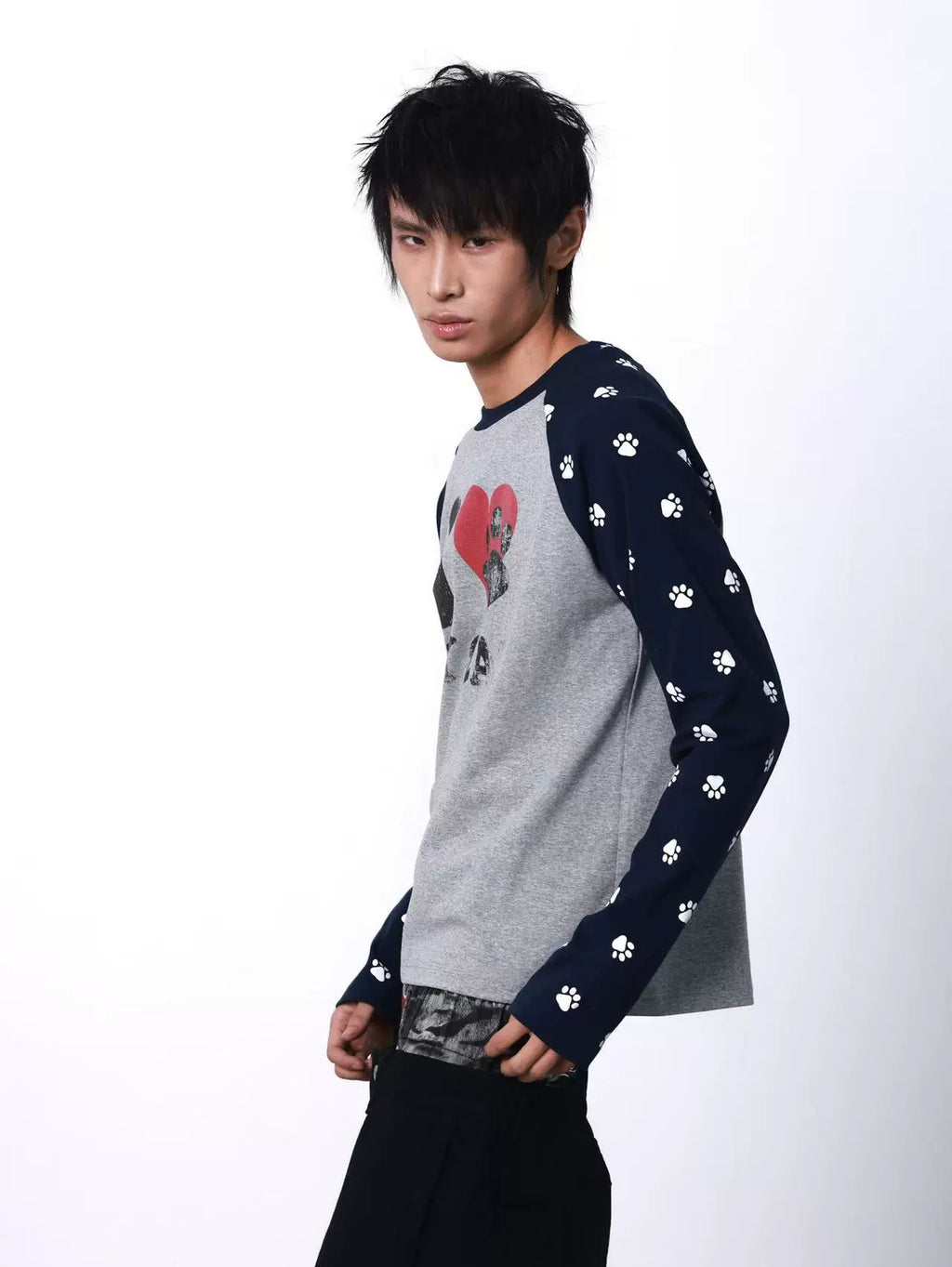 DETW Love Cat Print Splicing Round Neck Long Sleeve