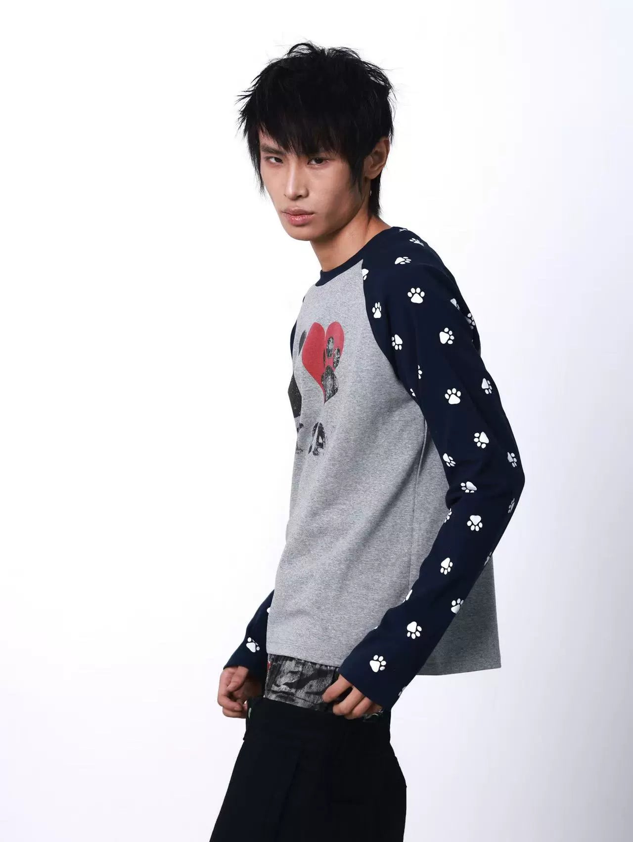 DETW Love Cat Print Splicing Round Neck Long Sleeve