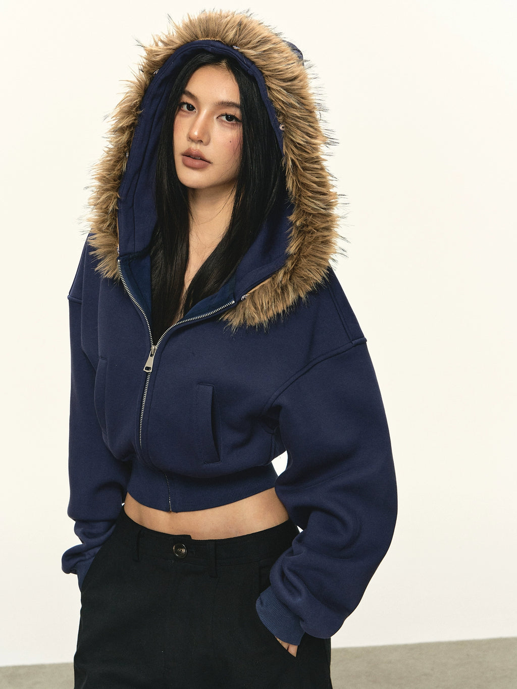 Anna Aneae Hooded Zip Fur Collar Slim Fit Short Jacket