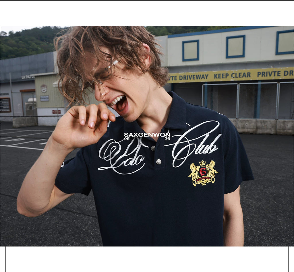 SAXGENWON Vintage Embroidery Front Shoulder Polo Tee