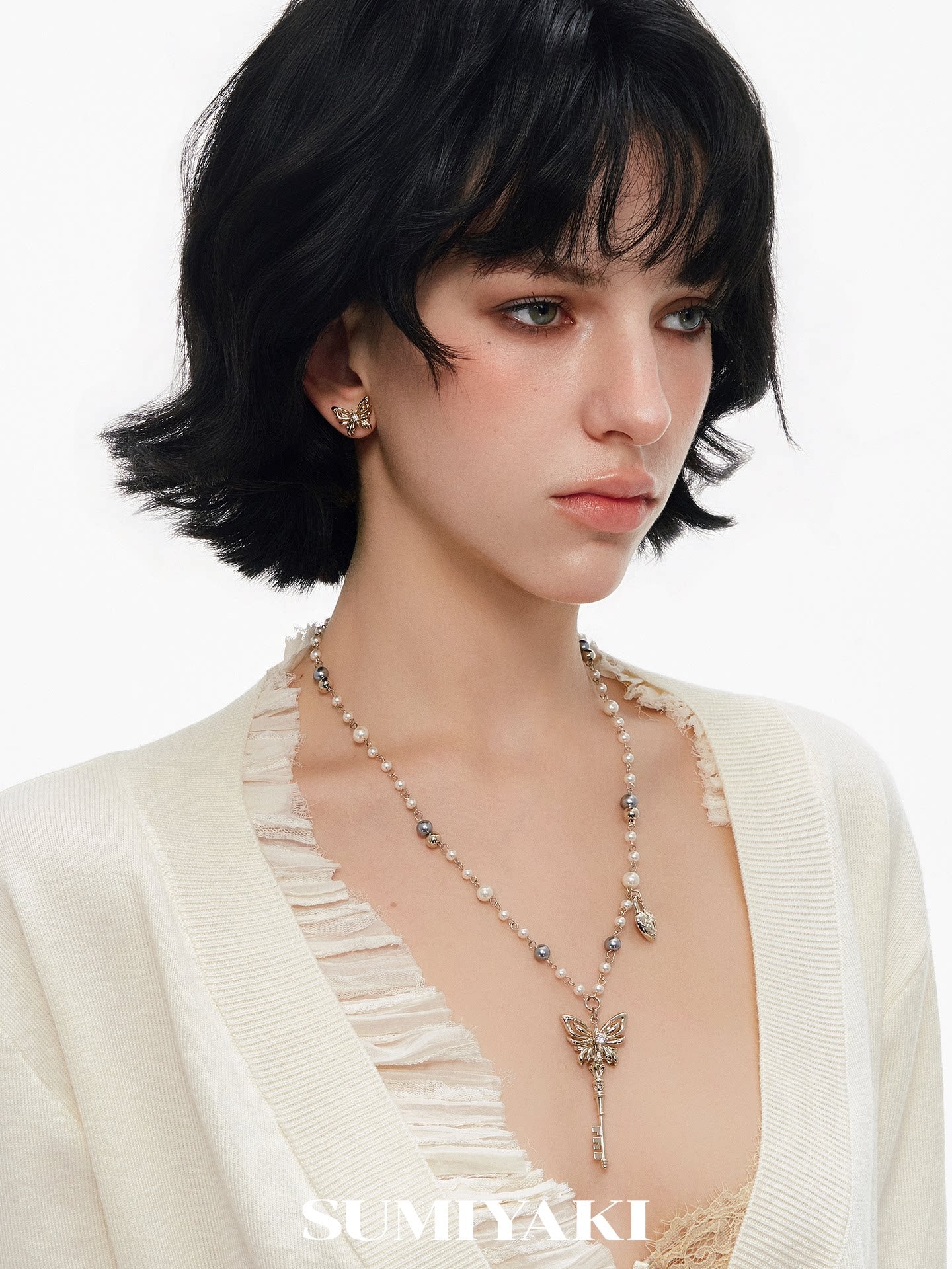 Sumiyaki Pearl Butterfly Layered Long Necklace