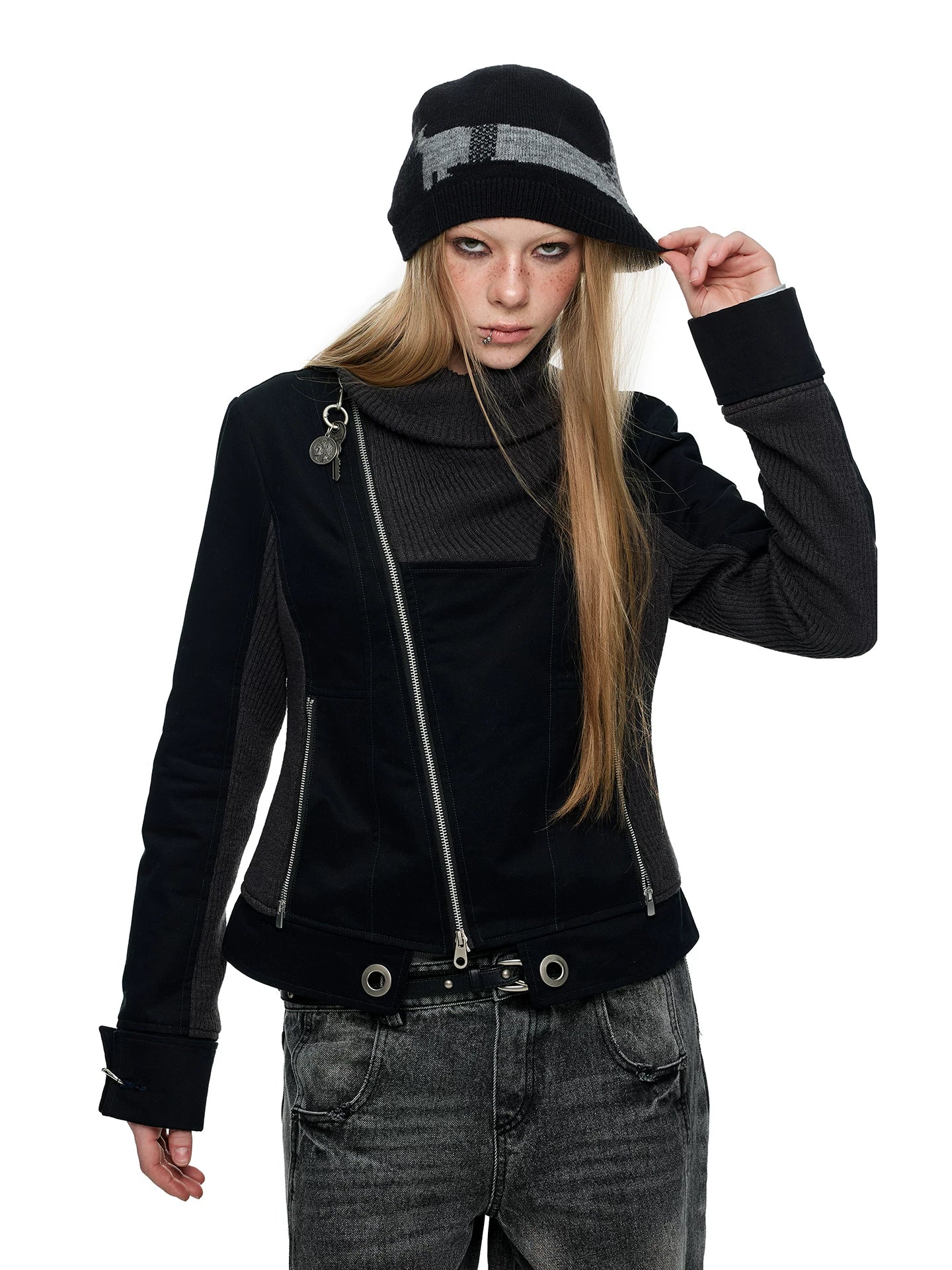 JIKOO Splicing Stack Collar Waist Short Jacket