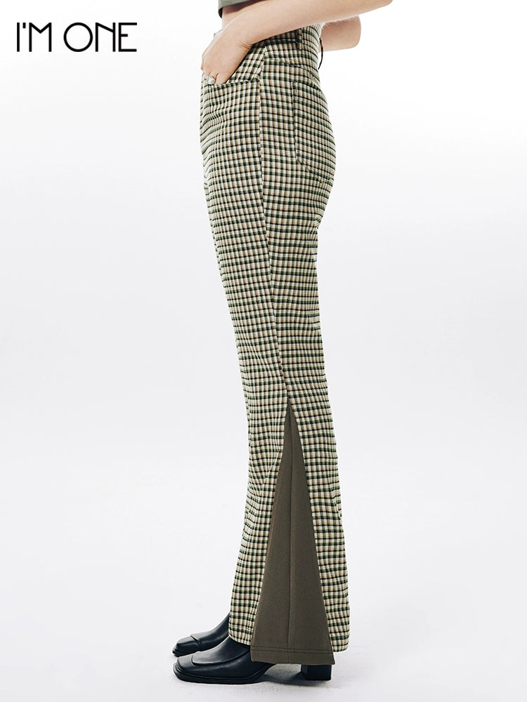 Imone Retro Slim Plaid Splicing High-waisted Flared Pants