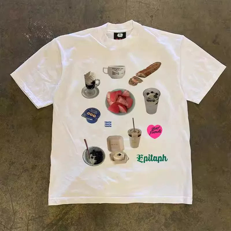 UPUPXIA Snack Splicing Print Oversize Casual Tee