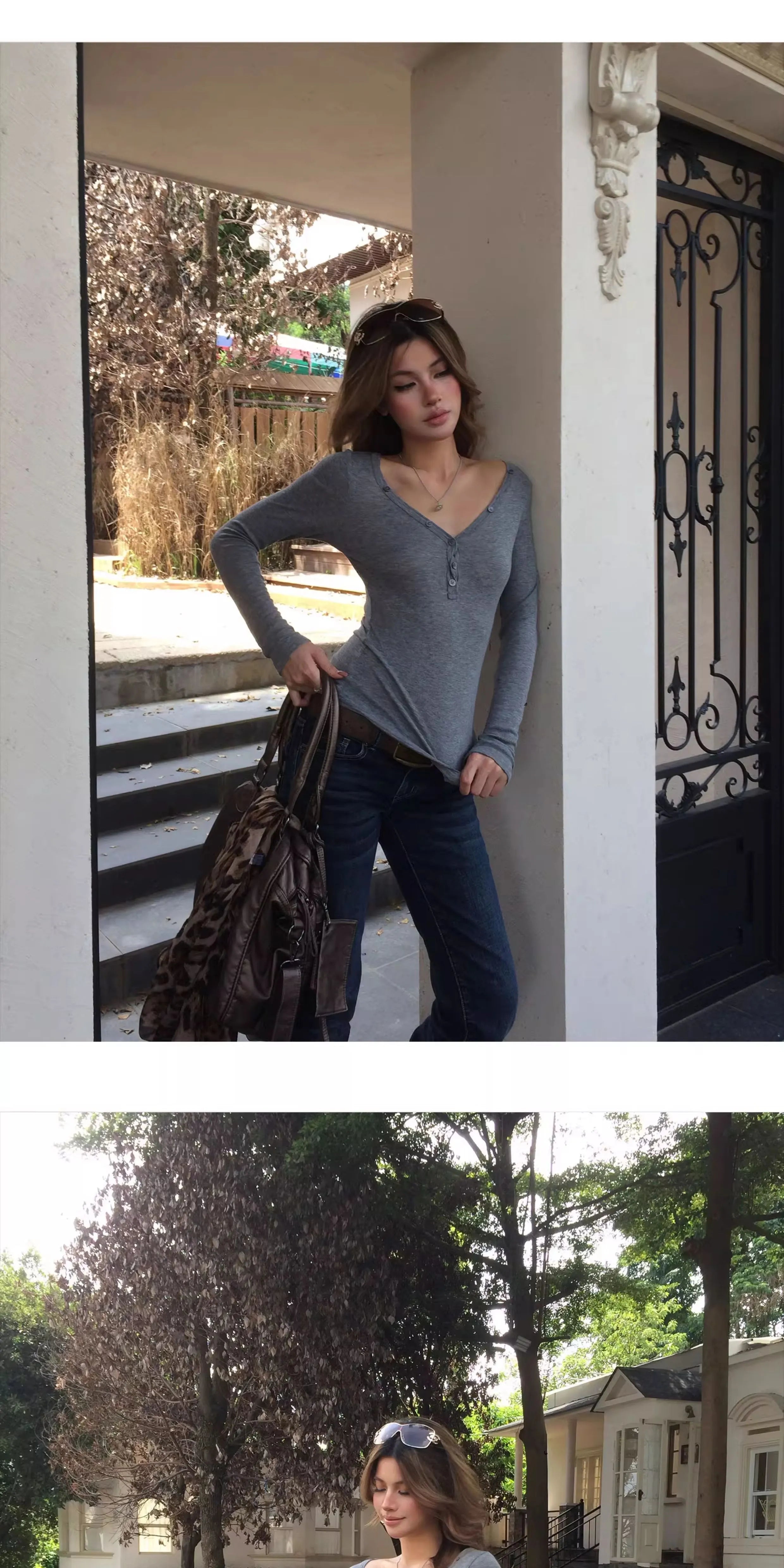 Audwyn V-neck Button Slim-fit Slim-looking Knitted Long Sleeves