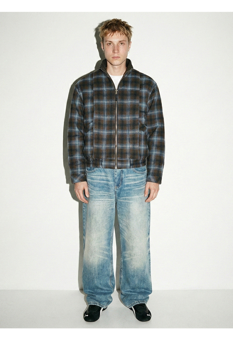 MADEEXTREME Retro Gradient Plaid Stand Collar Thickened Jacket