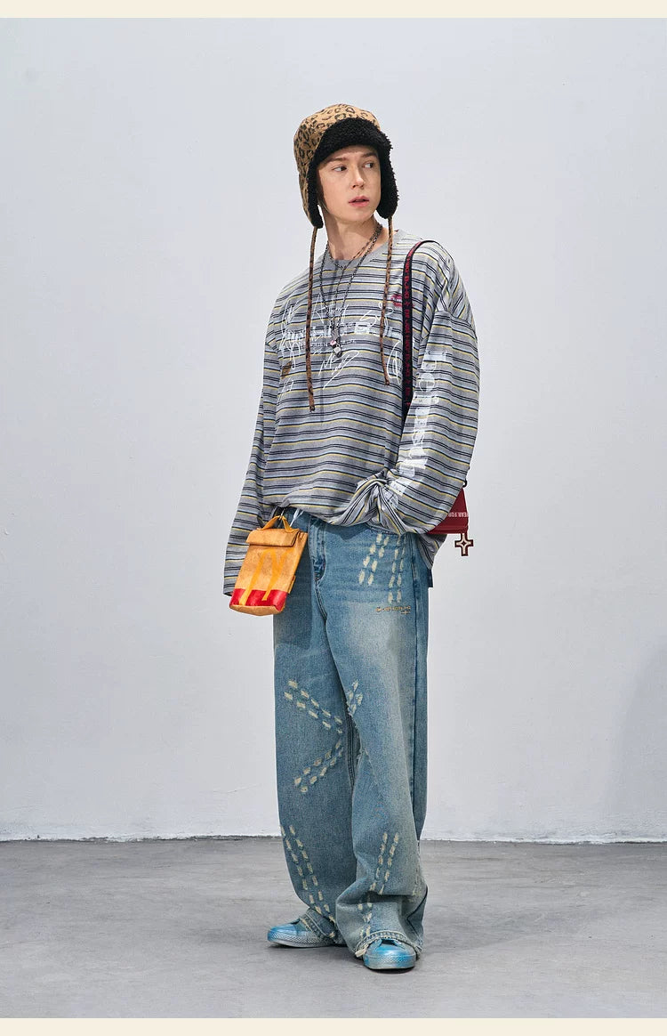 BJHG Striped Graffiti Print Knitted Sweater Couple Sweater