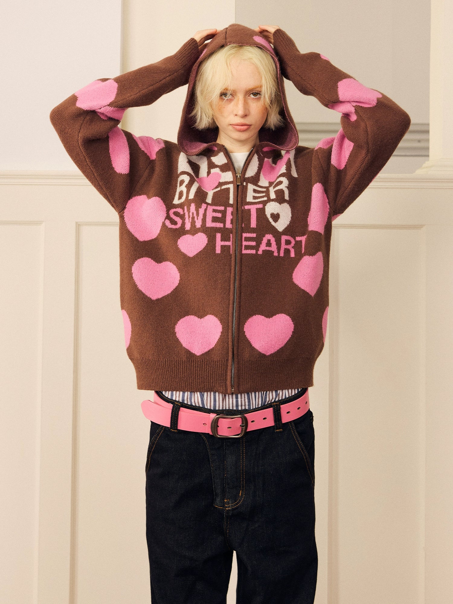 DONSMOKE Love Print Soft Waxy Lazy Contrasting Color Knitted Zipper Jacket