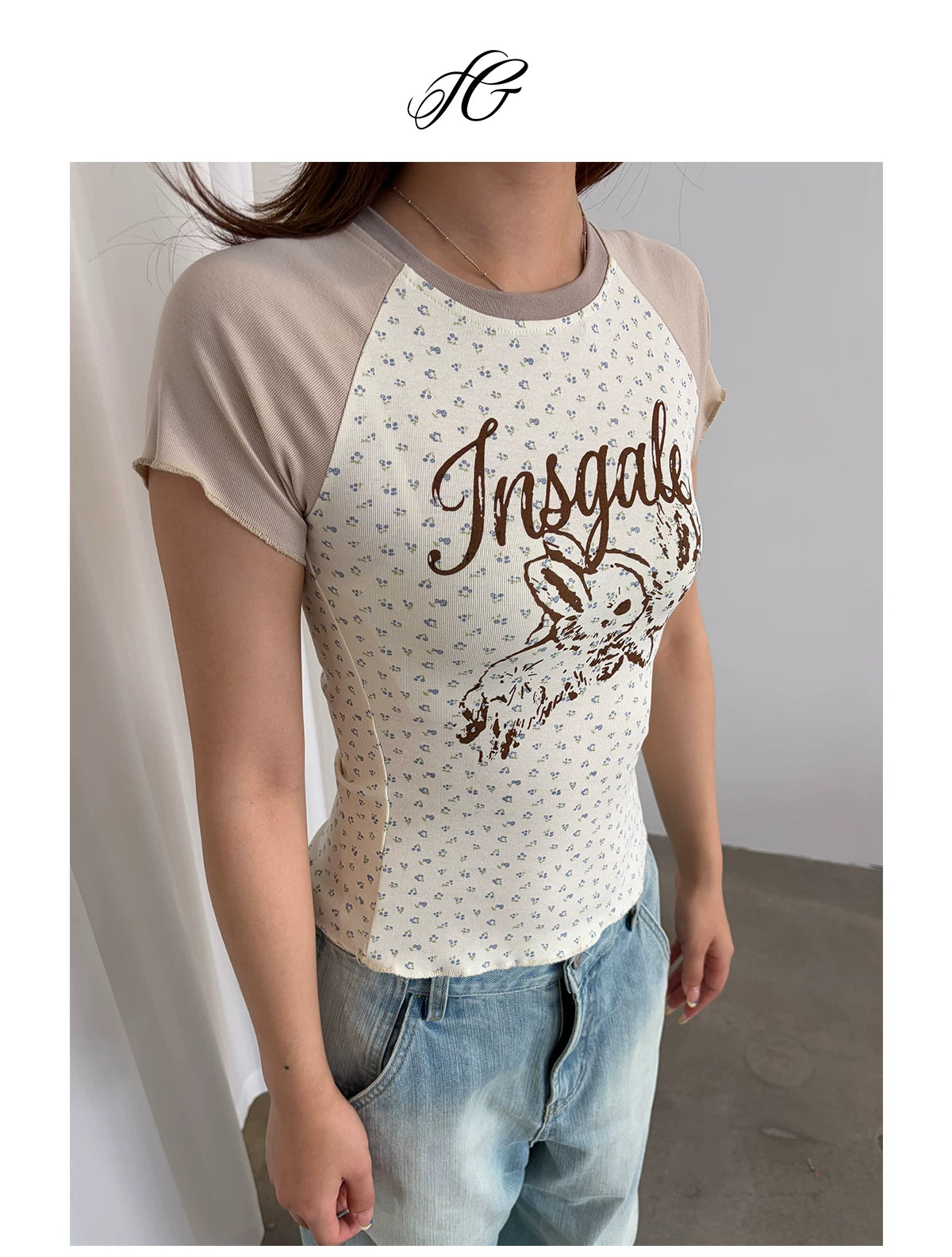 InsGale Floral Color Matching Shoulder Sleeve Slim Tee