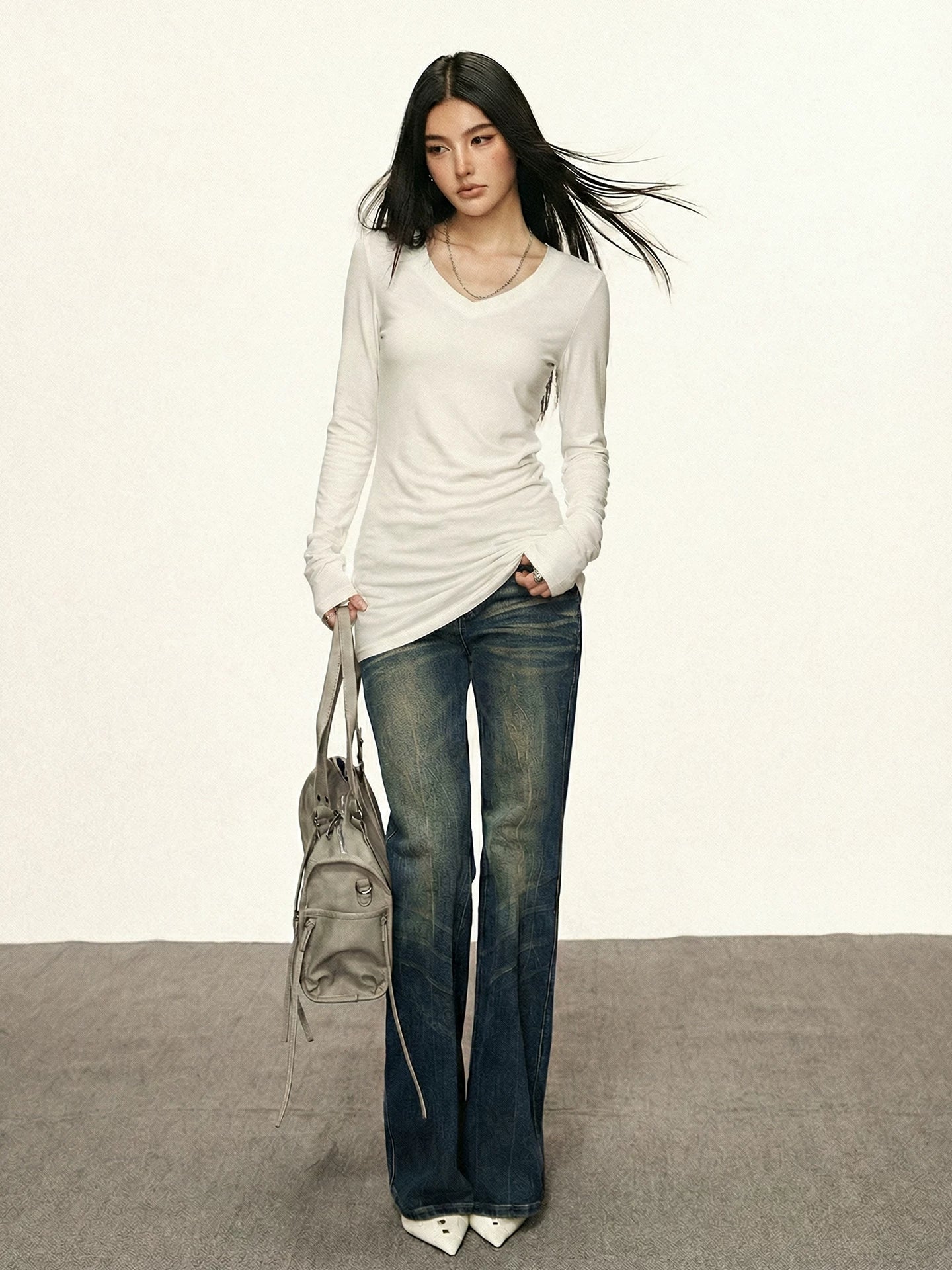 Cherry Melody V-Neck Slimming Long-Sleeve Top