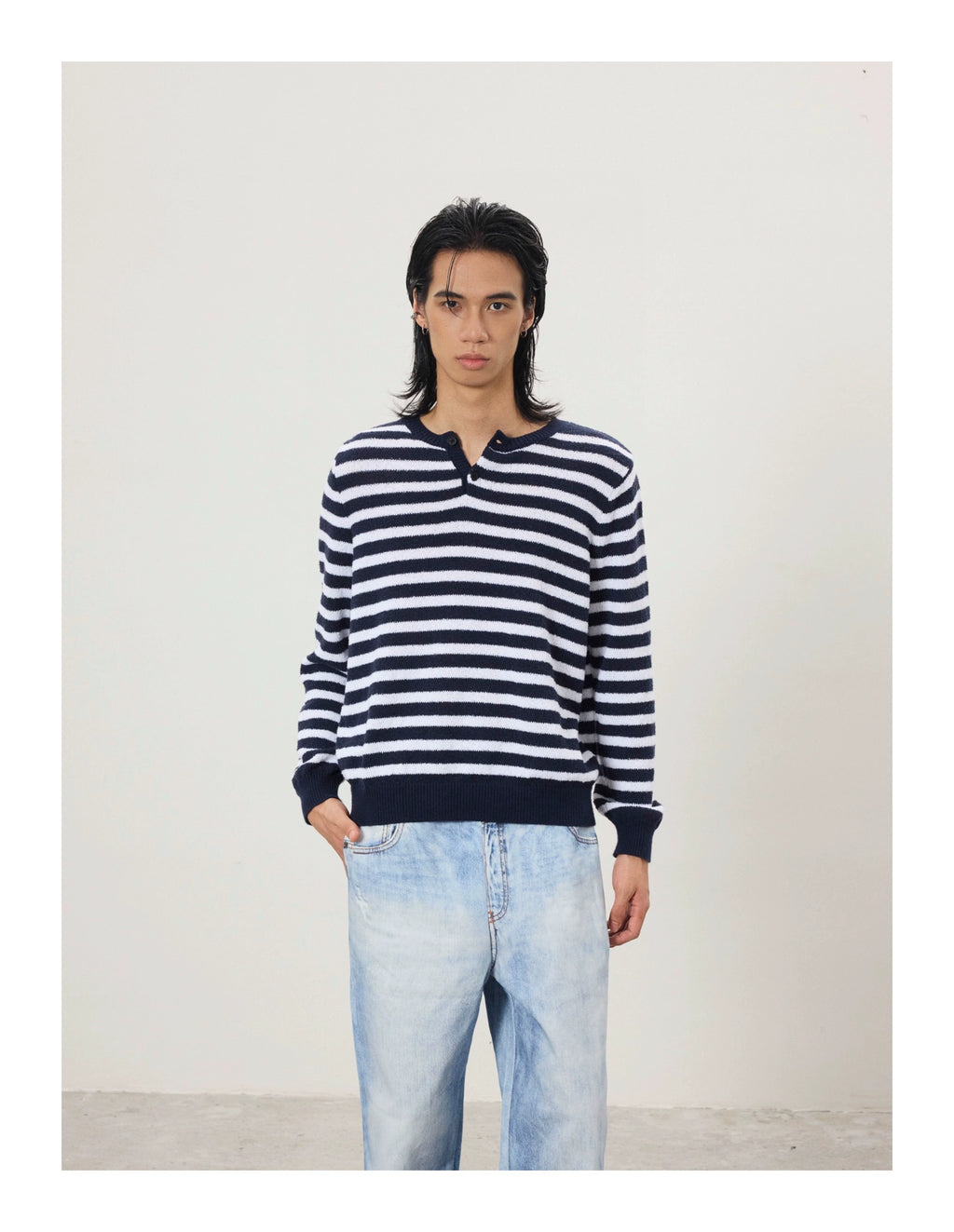 BTSG Lazy Wind Slack Striped Henry Neck Long Sleeve Knitted Sweater