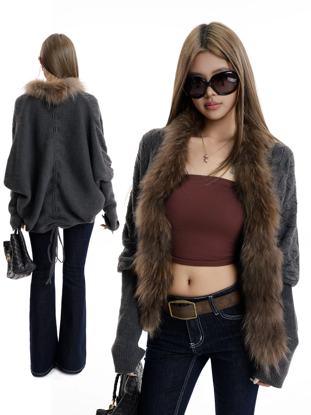 Audwyn Raccoon Fur Knitted Sweater Bat Sleeve Lazy Jacket