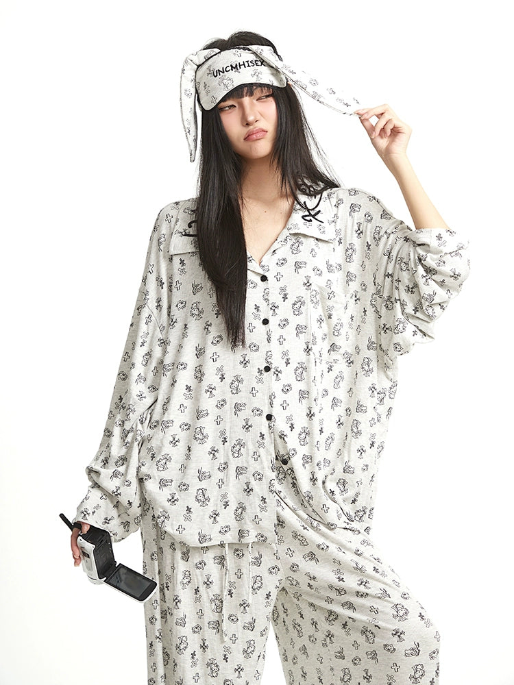 UNCMHISEX Hellokitty Printed Loose Lapel Long-sleeved Pajamas Three-piece Set