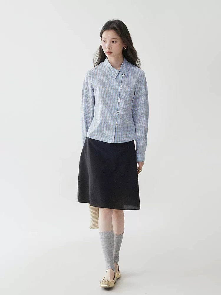VOOE Contrasting Plaid Diagonal Neck Shirt