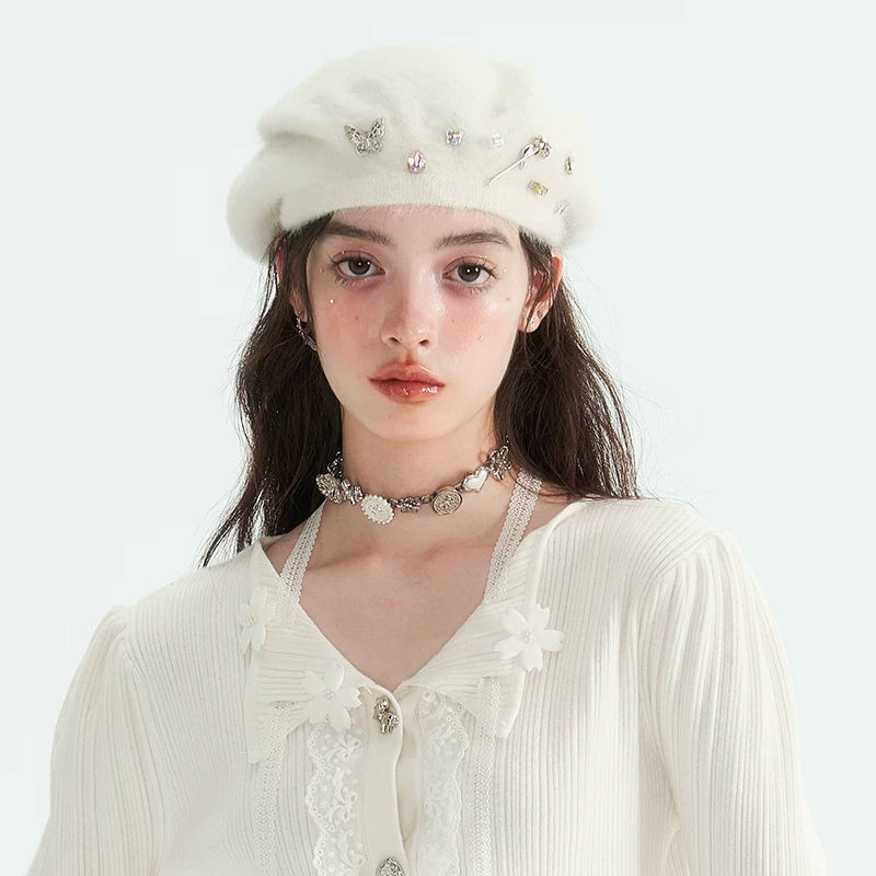 SunsetPark Butterfly Rose Rhinestone Combination Beret