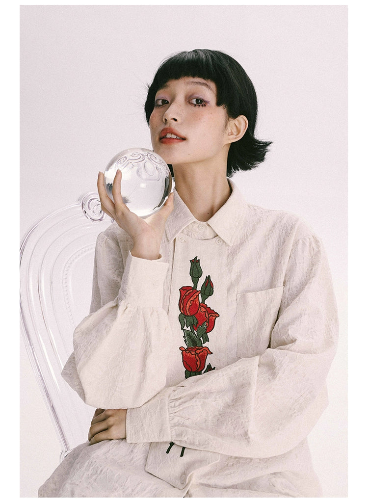 YEDM] Rose Embroidered Vintage Shirt