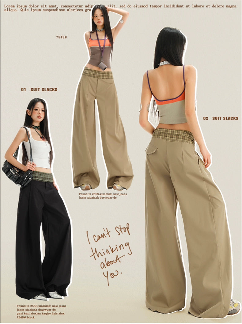 KPSR Splicing Checked Casual Loose Wide-leg Pants