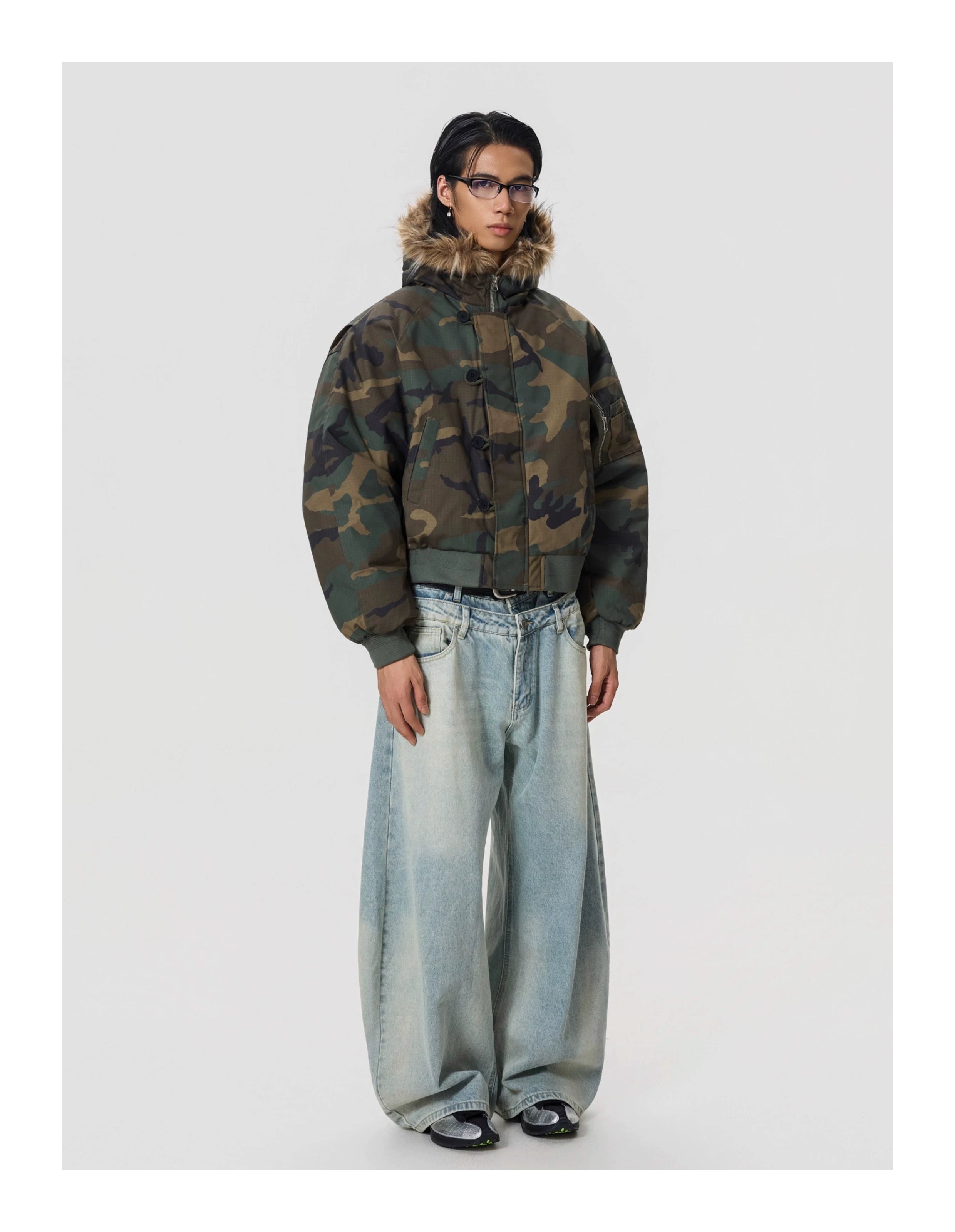 BTSG Camouflage Fur Collar Zip Jacket Cotton