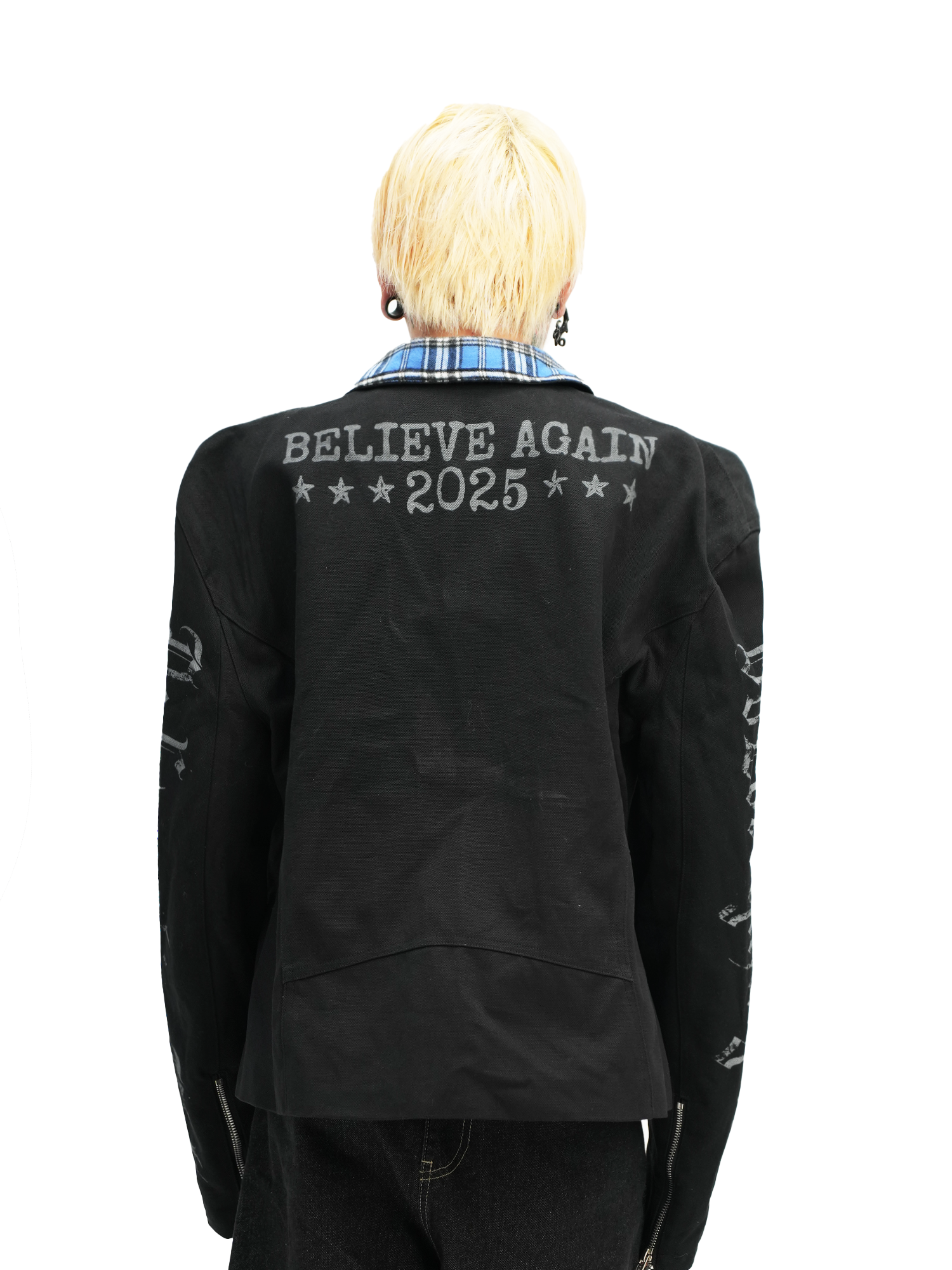 DETW 25ss * "greed" original heavy industry front shoulder diagonal placket zipper slim plaid splicing short wide jacket