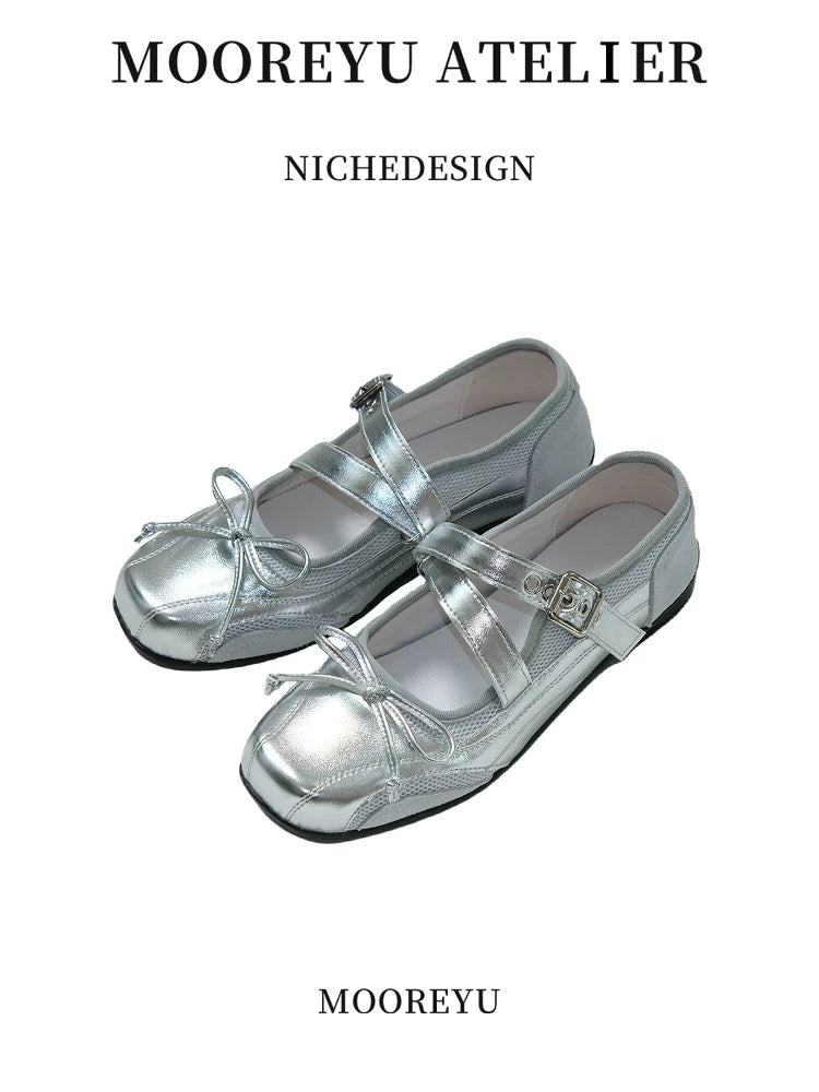 Mooreyu Vintage Versatile Leather Bow Flats