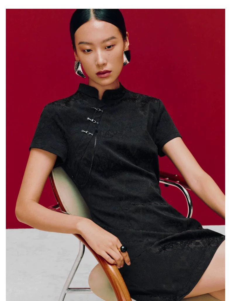 URBAN REVIVO Temperament National Style Jacquard Stand-up Collar Dress