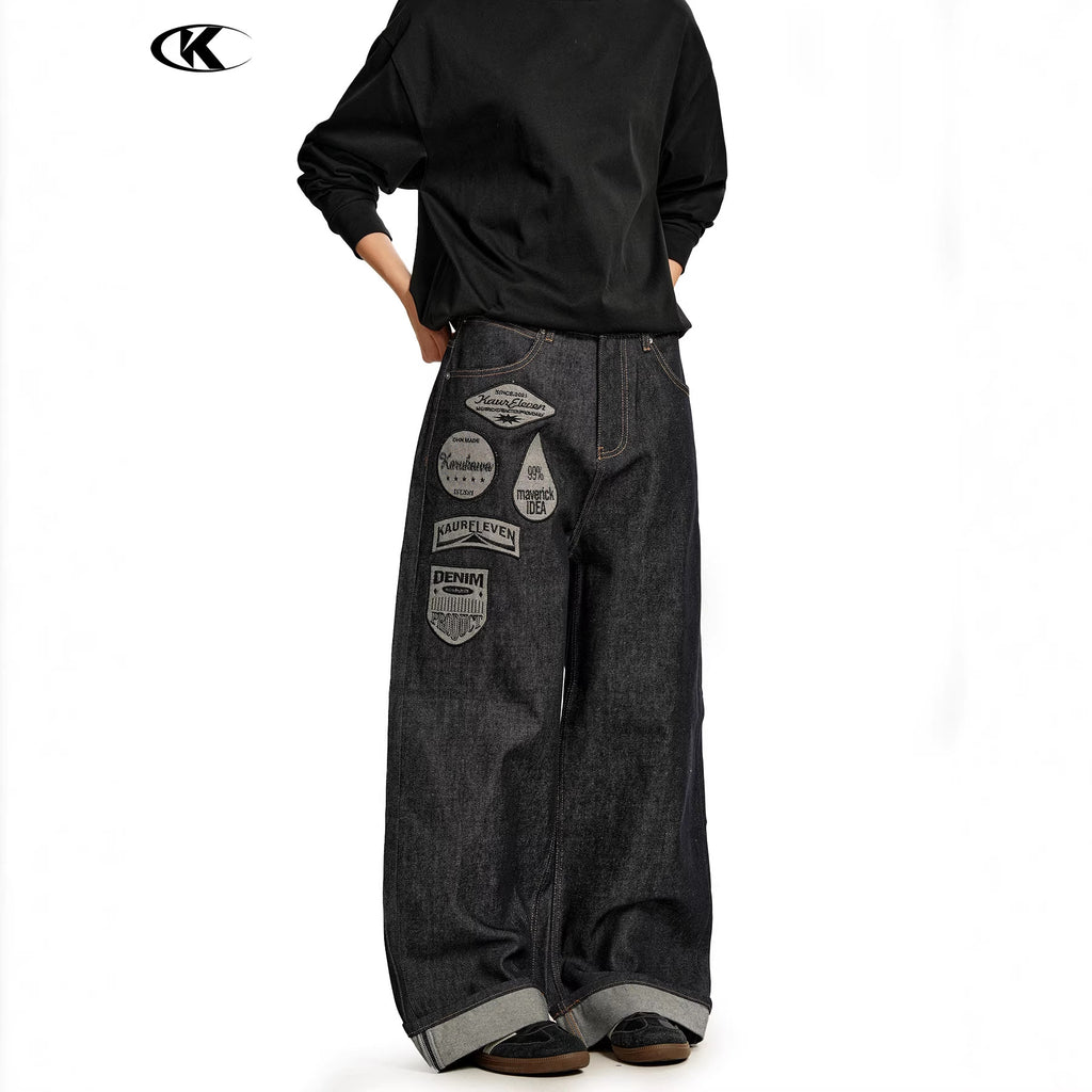 11KN 11 oz Wide-Leg Denim Jeans with Embroidered Patches