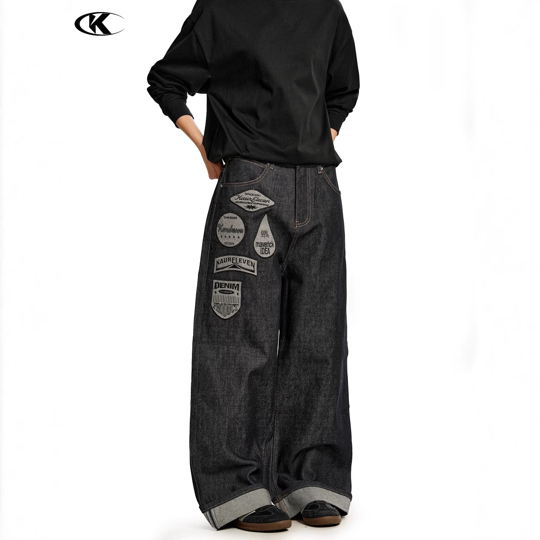 11KN 11 oz Wide-Leg Denim Jeans with Embroidered Patches
