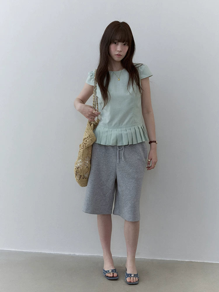 VOOE Contrast Checked Pleated Crew Neck Shirt